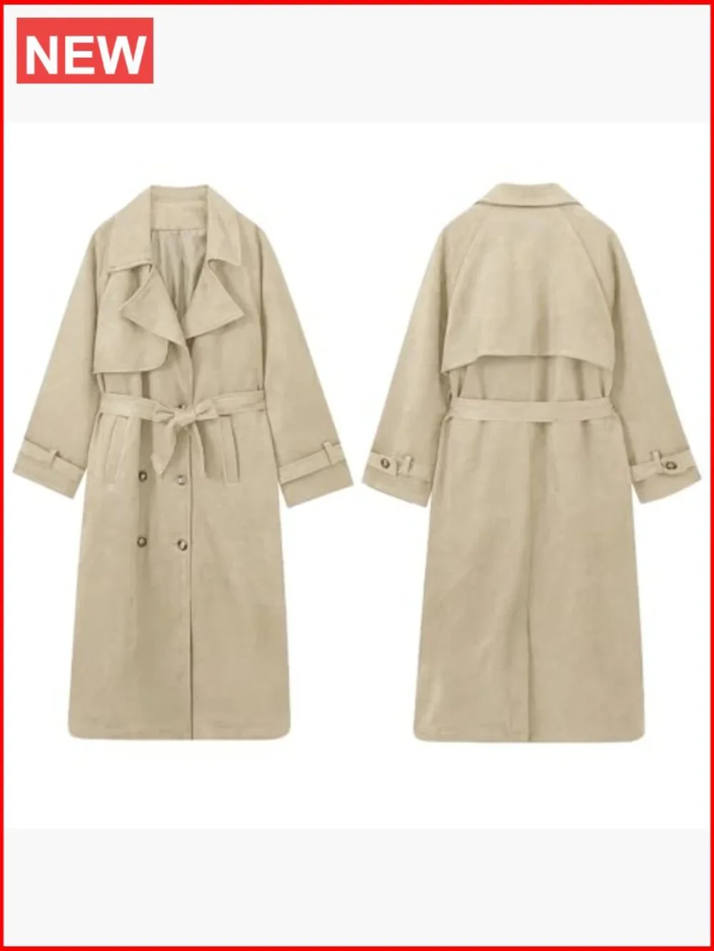 Faux Suede Long Trench Coat Notched Lapel Double Breasted Pea Coat Overcoat - Picture 6 of 7
